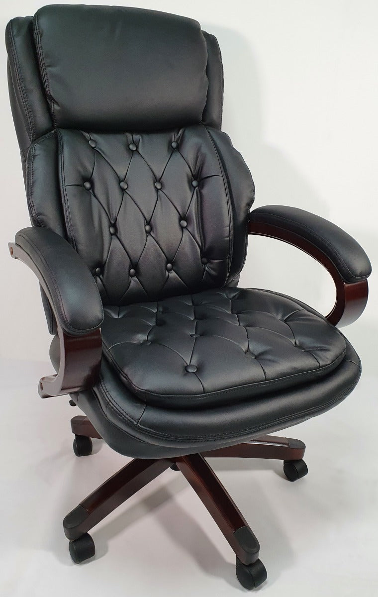Chesterfield Design Black Leather Executive Office Chair with Mahogany Arms - 2027E